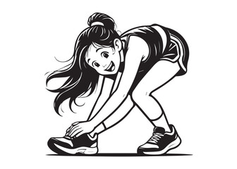 Cartoon Woman Stretching Leg Before Workout Black and White Illustration