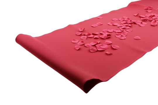 Large swath of glossy red fabric with petal-like pieces on transparent background