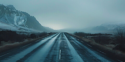 Expansive, wet highway stretches through a misty, mountainous landscape under a dramatic sky.