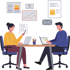 Two Faceless People Working at Desks with Laptops and Documents.