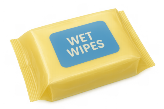 Yellow wet wipes package for personal hygiene and cleaning, portable sanitary disposable product, transparent background - Powered by Adobe