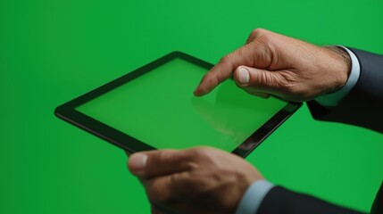 A businessman in a suit holding a digital tablet, scrolling with his finger on its solid green screen.