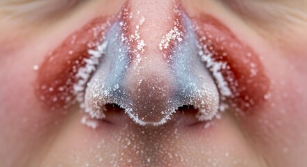 Fototapeta premium Close up of a human nose covered in glitter and blue makeup for a creative artistic look.