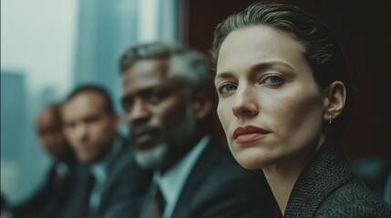 Cinematic close-up captures a confident businesswoman looking intently at the camera, backed by her diverse, out-of-focus team in a high-stakes boardroom meeting.