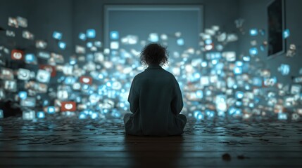 A person sitting on the floor, seen from behind, facing an overwhelming, swirling cloud of glowing blue digital icons and photographs.