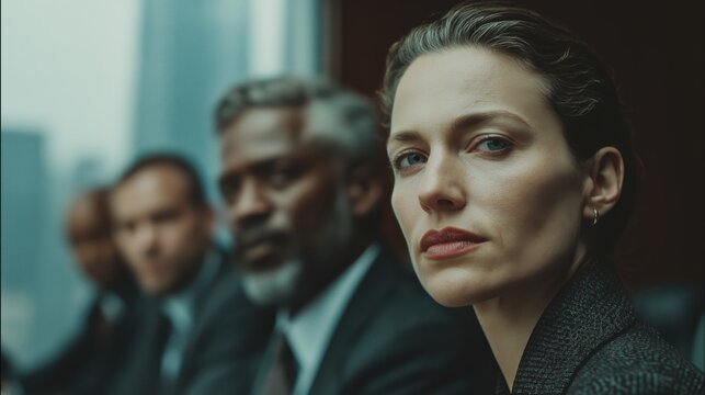 Cinematic close-up captures a confident businesswoman looking intently at the camera, backed by her diverse, out-of-focus team in a high-stakes boardroom meeting.