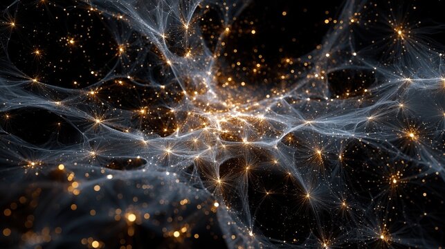 An intricate, web-like network of ethereal filaments and glowing golden particles against a dark background. - Powered by Adobe