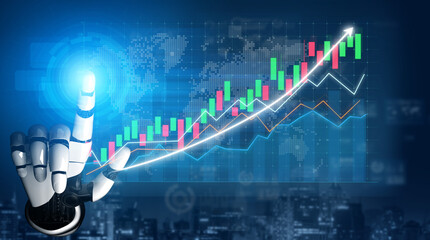A futuristic robotic hand points to a rising graph in a technology-driven environment, symbolizing growth and innovation in data analytics and finance. Impute
