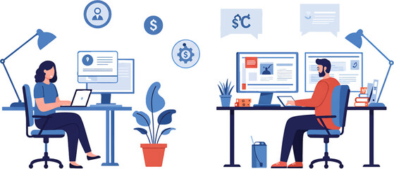 Woman Working on Laptop at Desk with Computer and Lamp Blue Tones.