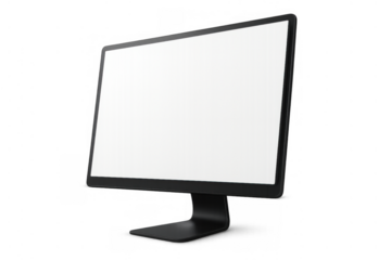 Desktop computer monitor with blank white screen displaying user interface, modern technology device on transparent background