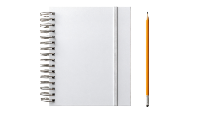 Spiral Notebook with White Paper and Pencil on Top on Transparent Background - Powered by Adobe