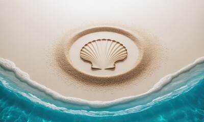 A seashell sits in sand with an ocean wave; realistic beach scene