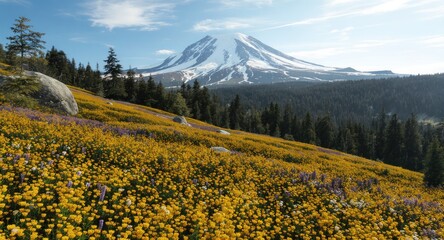 A snow-capped mountain rises above vibrant wildflowers and a forest under a blue sky