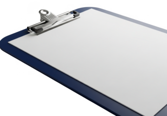 Blue clipboard holding blank white paper isolated on transparent background