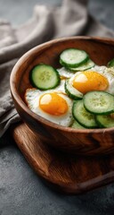 Fried eggs and cucumbers in a wooden bowl