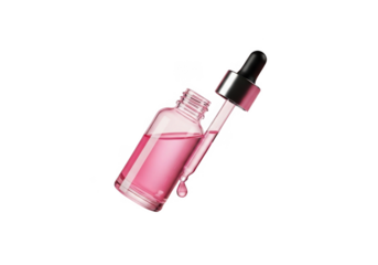 Pink serum bottle with dropper and falling drop isolated on transparent background