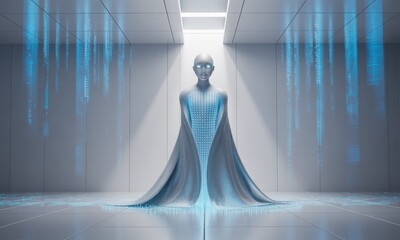 Futuristic humanoid statue in a bright, minimalist hall with digital data streams