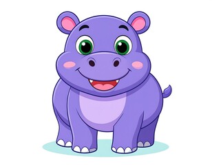 Naklejka premium Cartoon image of a purple hippopotamus with bright green eyes and a cheerful smile