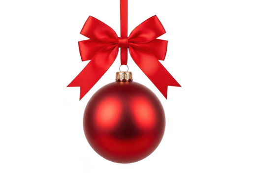 Closeup of a shiny red christmas ball with a red ribbon bow , festive decoration for the holidays