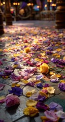 Rose petals scattered on a stone floor, creating a vibrant path