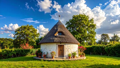 A beautiful round cottage with a thatched roof in a lovely sunny garden
