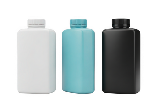 Three rectangular plastic bottles with caps isolated on transparent background