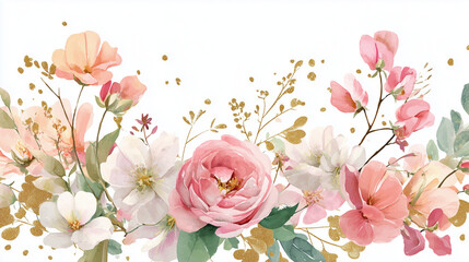 Naklejka premium Soft Pastel Floral Wedding Border with Gold Accents - Generated by AI.