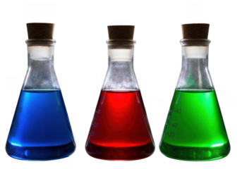 Three erlenmeyer flasks with colored liquids isolated on transparent background