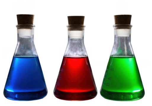 Three erlenmeyer flasks with colored liquids isolated on transparent background