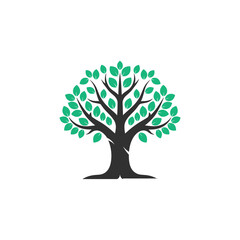 A stylized illustration of a tree with a dark trunk and green leaves, representing nature.