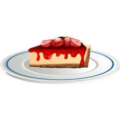 Delicious Strawberry Cheesecake Slice Topped with Fresh Red Strawberries and Drizzled with Red Sauce on a White Plate with Blue Rim