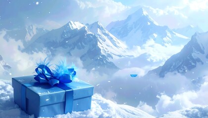 A blue gift box with a bow on top in a snowy mountain landscape