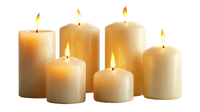 Set of pillar candles with glowing flames on transparent background