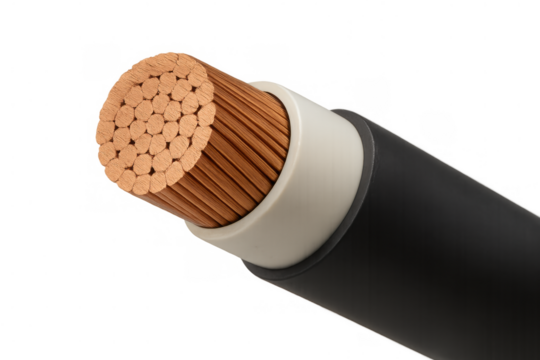 Cross-section of industrial power transmission cable showing copper wires and insulation layers, transparent background