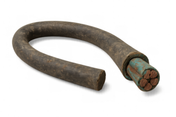 Weathered industrial cable showing exposed corroded copper wires and green insulation with transparent background