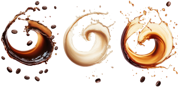 Dark and light coffee swirl with three dynamic splashes on transparent background