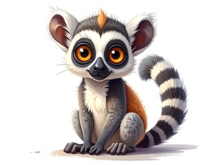 Obraz premium Cartoon lemur sitting with big eyes and striped tail on a white background