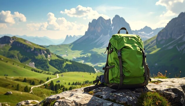 A green backpack on a rocky cliff overlooking a scenic mountain landscape - Powered by Adobe