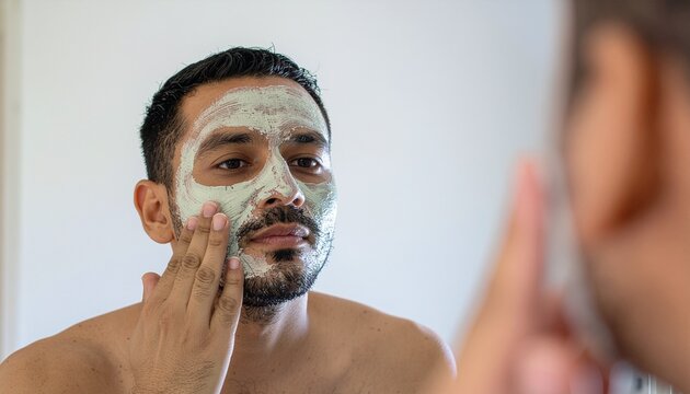 A man applies a facial mask, focusing on skincare and grooming