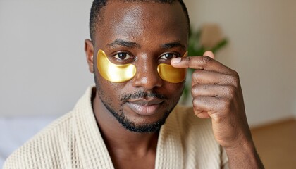 A man wearing under-eye patches for skincare and self-care