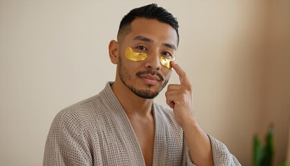 A man applying a luxurious golden under eye patch in a spa-like setting. The man has a calm and focused expression, reflecting self-care and relaxation. 