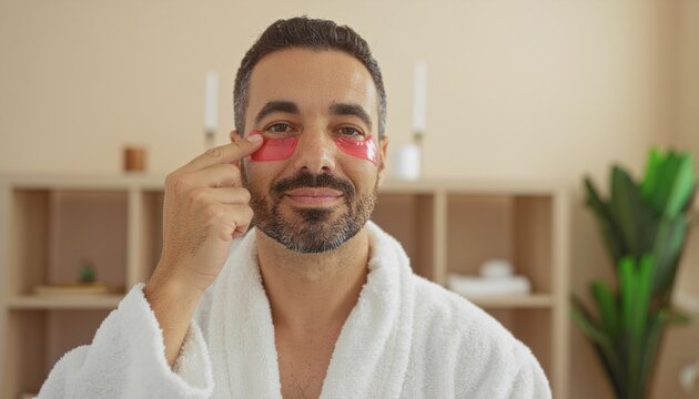 A smiling person wearing under-eye patches, promoting self-care and relaxation. The image promotes the experience of rejuvenation and wellness, with soft, natural lighting. - Powered by Adobe