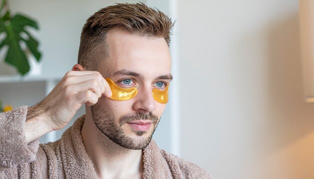 A handsome man applies under-eye patches for skincare and relaxation. He wears a bathrobe and enjoys a moment of self-care