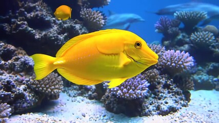 A vibrant yellow tang fish gracefully swims through a colorful coral reef showcasing the beauty of marine life in a clear underwater environment with diverse aquatic flora and fauna. - Powered by Adobe