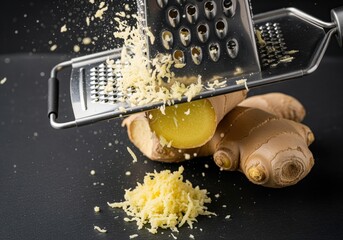 Dynamic action shot of fresh ginger root being grated with a stainless steel grater