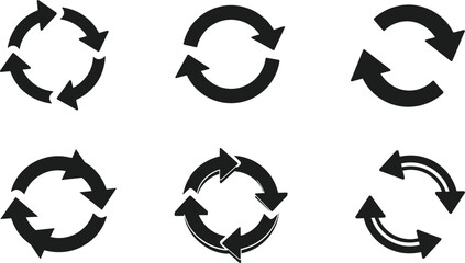 Circular arrow icons set, black refresh and reload symbols, cycle rotation, synchronization, update loop design, process flow illustration vector