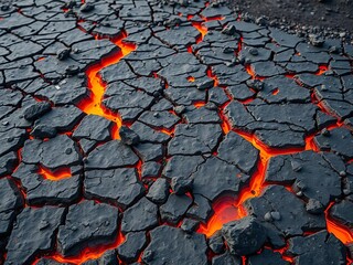 Scarred earth with cooling lava flows, dotted with sharp, obsidian-like stones,  cooling,  obsidian