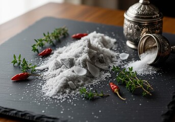 High quality still life of gourmet salt flakes, fresh thyme, and red chili pepper on dark slate.