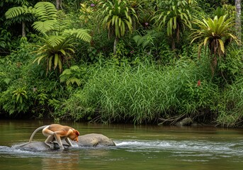 Fototapeta premium Wild proboscis monkey standing on a boulder in a fast flowing river in the rainforest