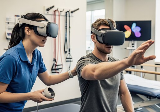 Physical therapist guiding man using virtual reality headset for rehabilitation therapy